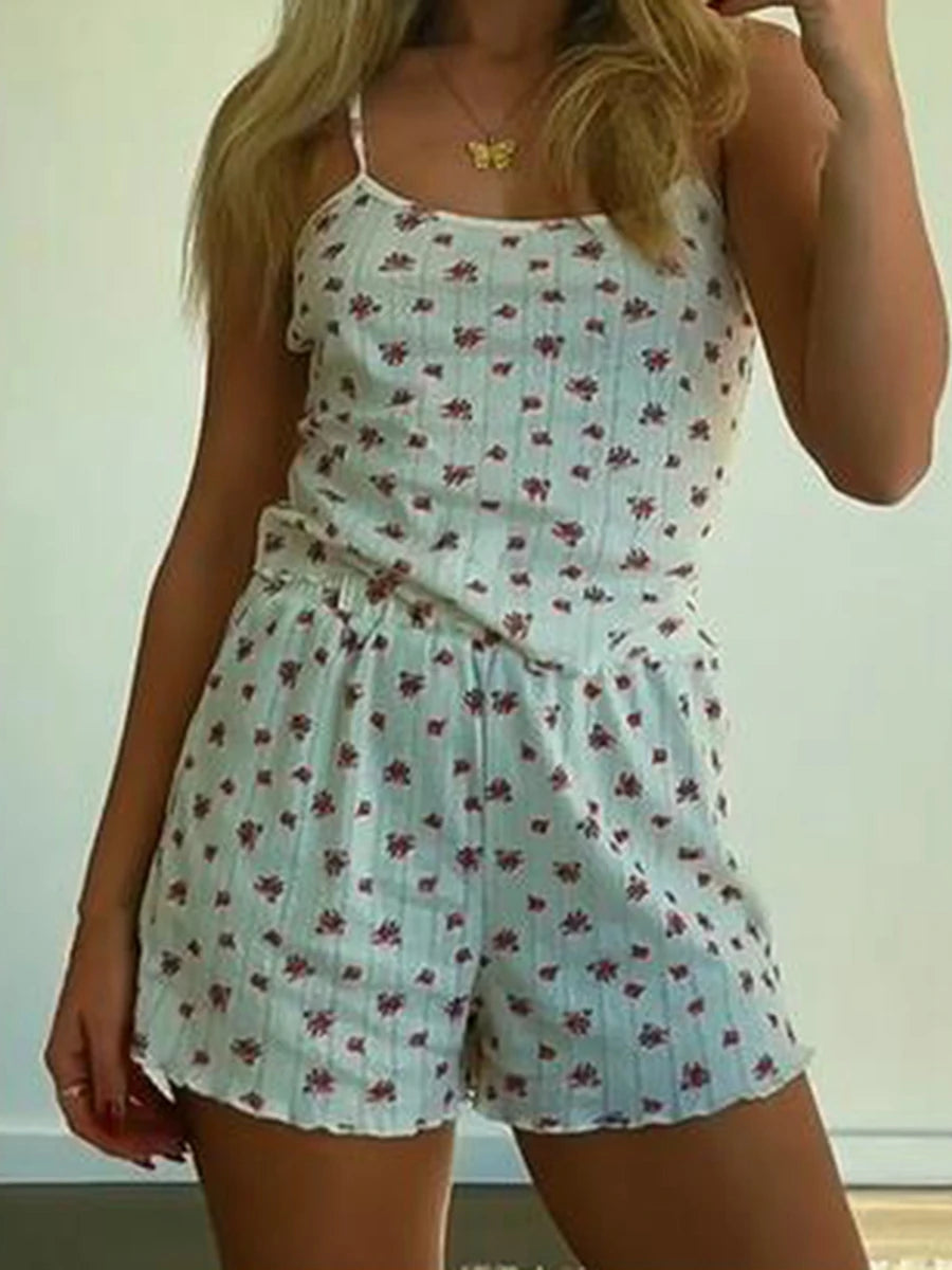 Aesthetic Spaghetti Strap Crop Top & Button Short