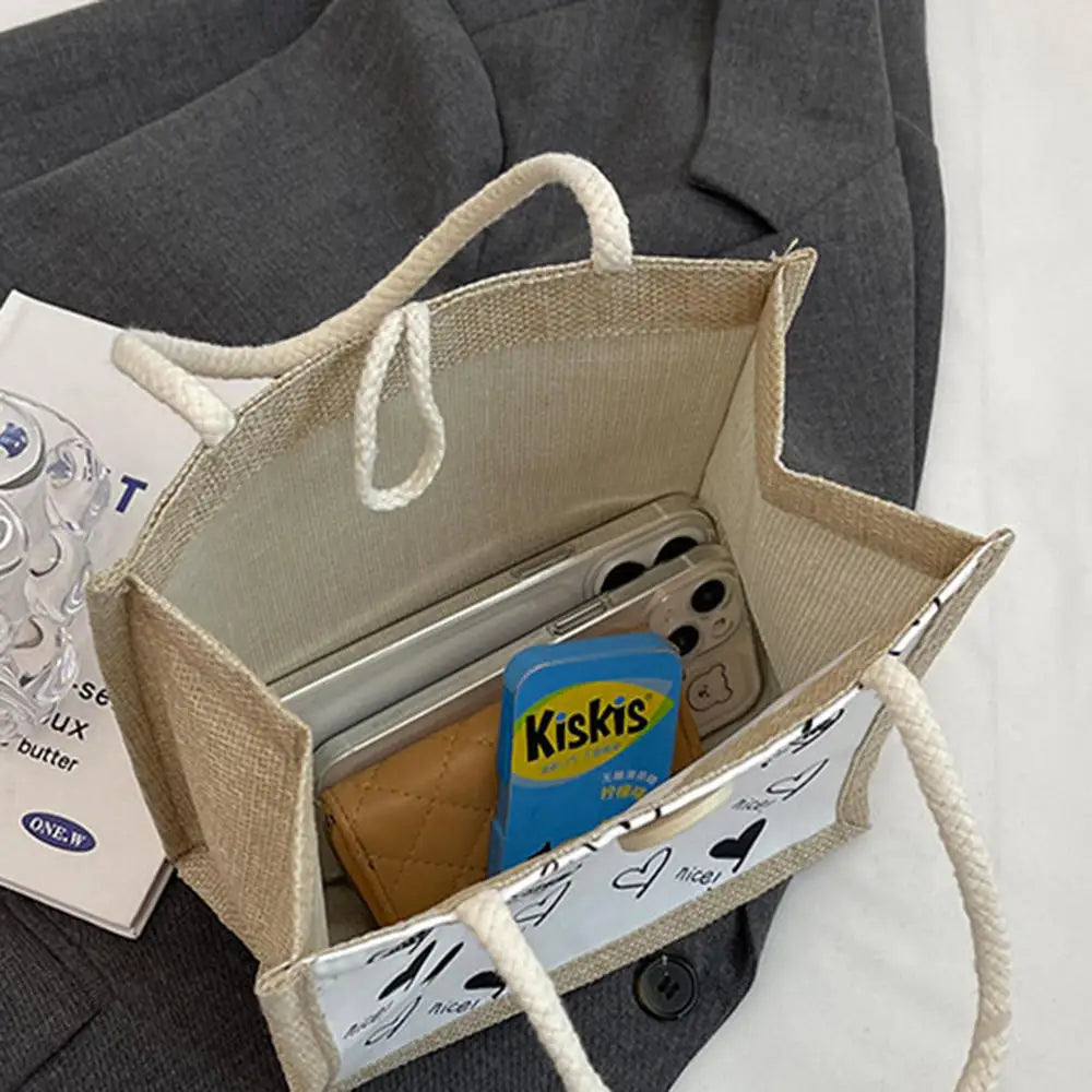 Linen Button Zipper Handbag Large Capacity Grocery Bag Women Tote Beach Organizer Portable Shopping Bag Lunch Bag