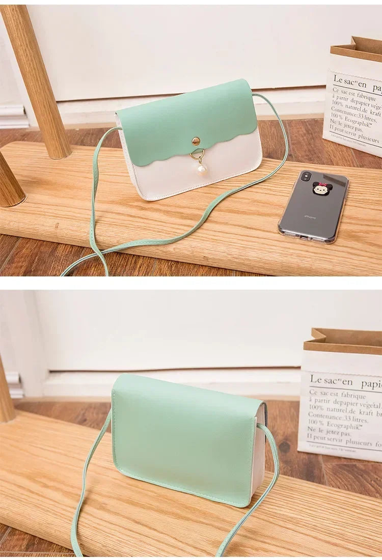 Women's PU Leather Shoulder Bag, Solid Color Messenger Purse with Pearl Pendant, Small Travel Handbag