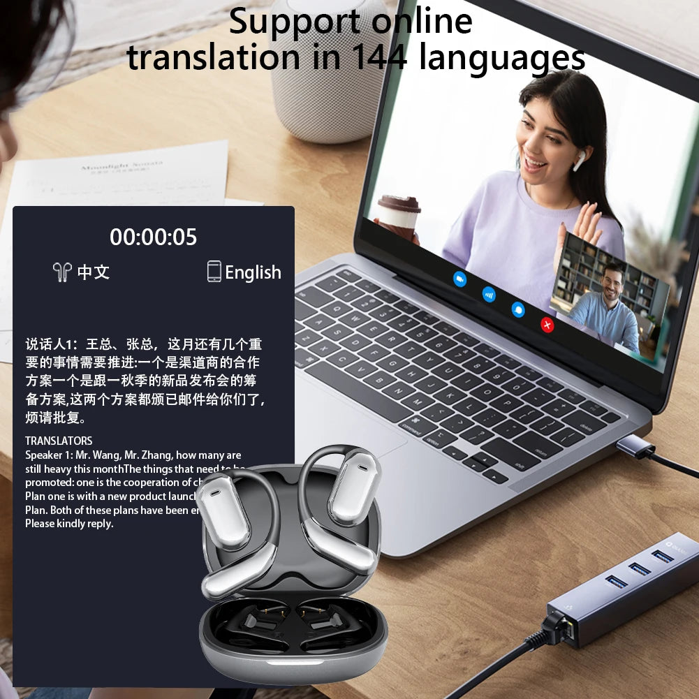 AI Translator Earbuds Touch Screen Open Ear Bluetooth 5.4 Voice Real-Time Language Translator