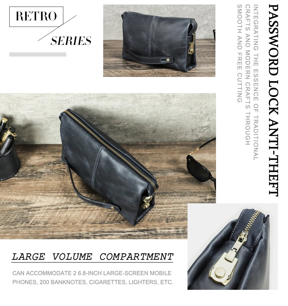Crazy Horse Genuine Leather Password Lock Casual Clutch Bag Male Wallet Men's Purse Protective Large Capacity Blue Handbag