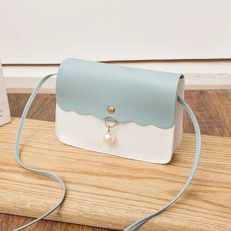 Women's PU Leather Shoulder Bag, Solid Color Messenger Purse with Pearl Pendant, Small Travel Handbag