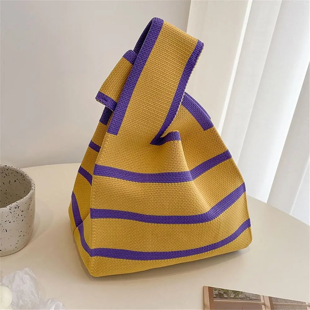 Student Wide Stripe Reusable Knot Wrist Bag Knit Handbag Plaid Tote Bag Shopping Bags