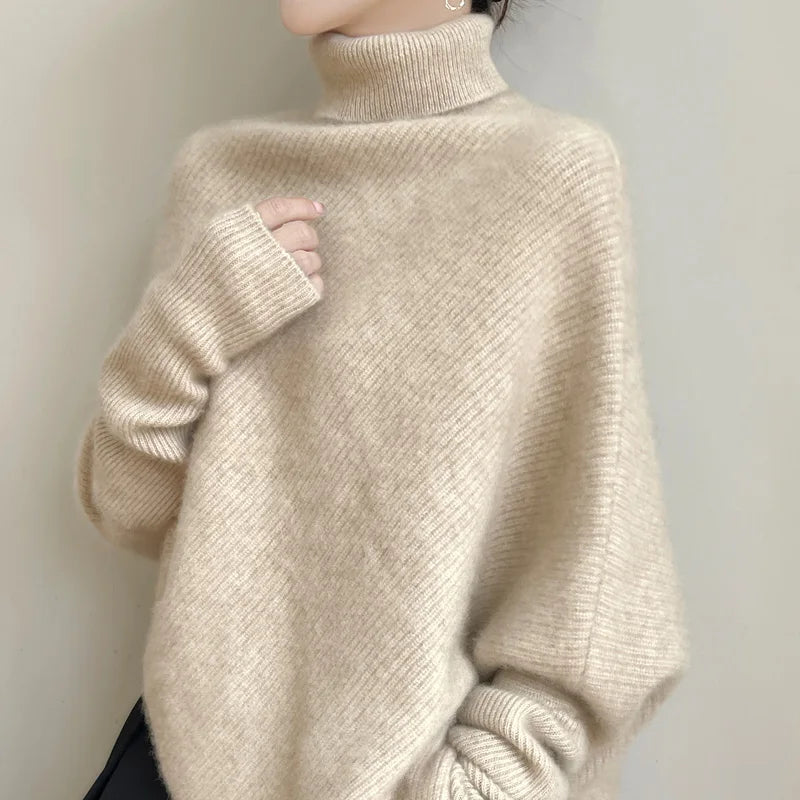 100% Merino Wool Autumn Winter Batwing Sleeves High Neck Pullover Long Sleeve Knitwear Trendy