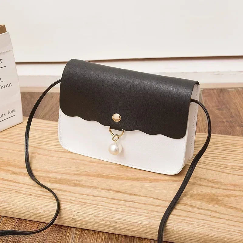 Women's PU Leather Shoulder Bag, Solid Color Messenger Purse with Pearl Pendant, Small Travel Handbag