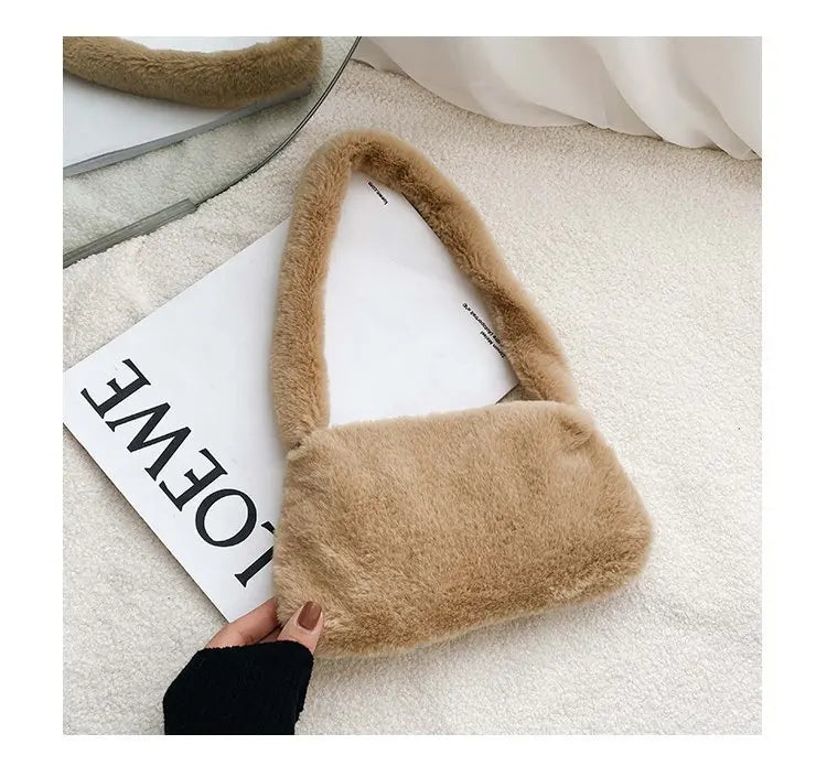 New Fluffy Totes Soft Plush Shoulder Underarm Bag Solid Color Purse Autumn Winter Handbag Women Lady Fashion Storage Pouch