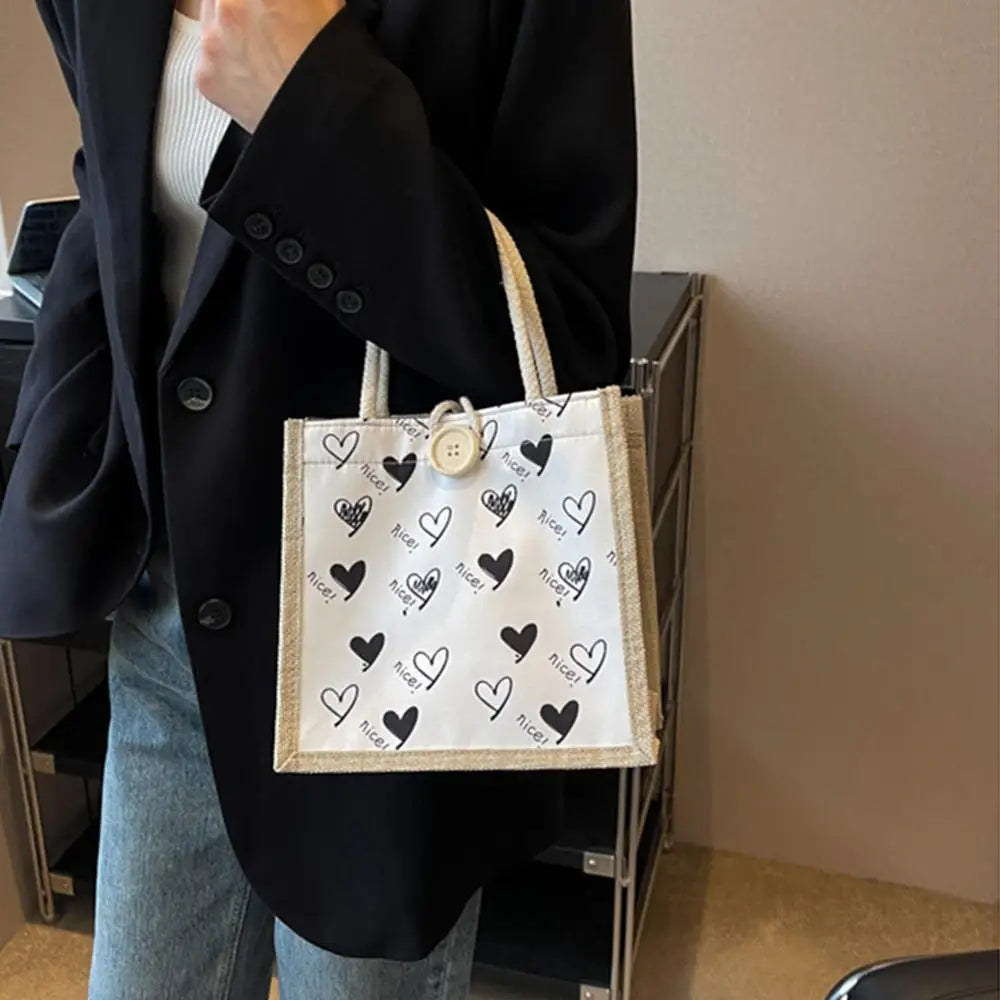 Linen Button Zipper Handbag Large Capacity Grocery Bag Women Tote Beach Organizer Portable Shopping Bag Lunch Bag