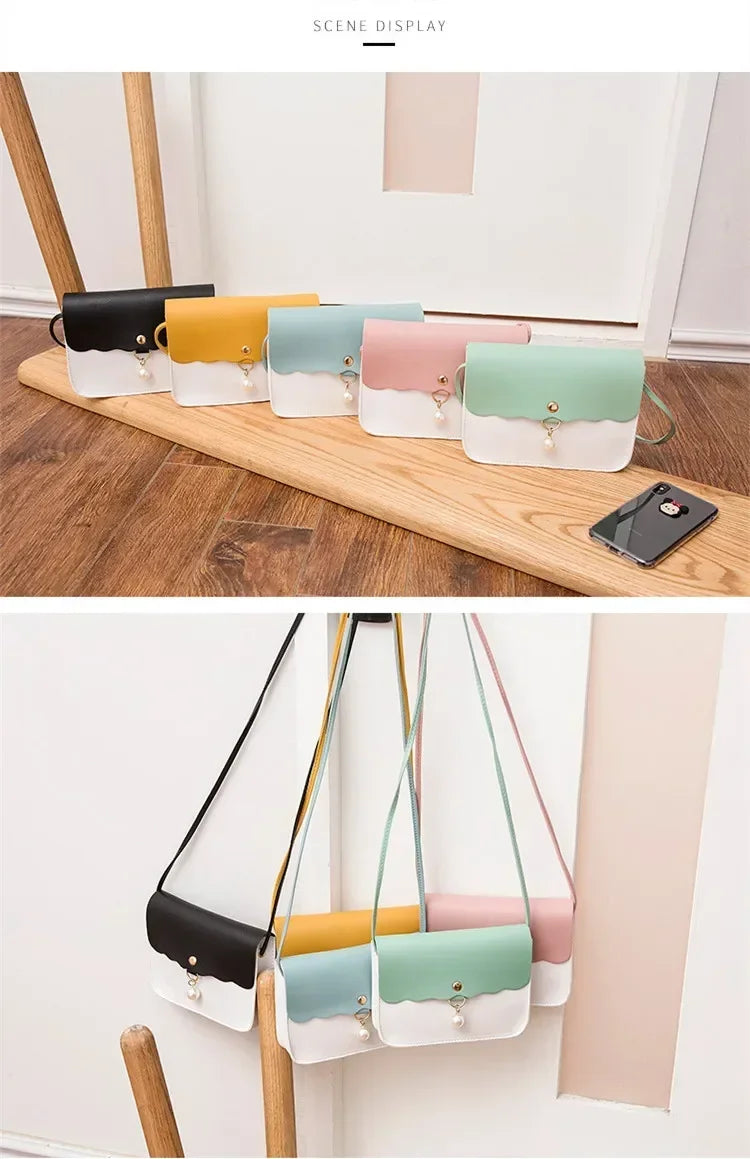 Women's PU Leather Shoulder Bag, Solid Color Messenger Purse with Pearl Pendant, Small Travel Handbag
