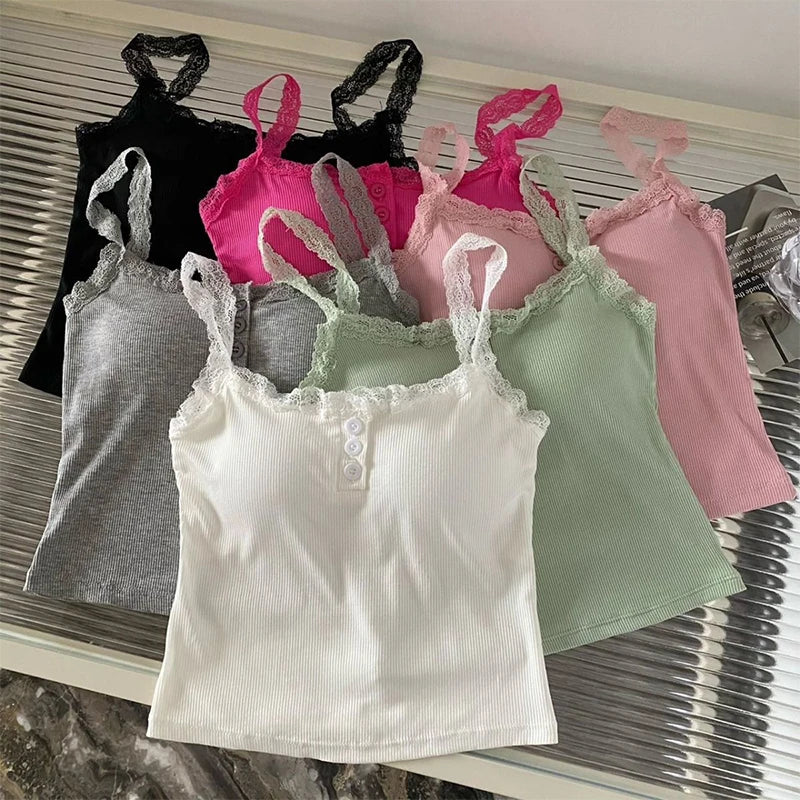 Summer Lace Strap Patchwork Camisole Women Solid Color Sleeveless Buttons Tank Top