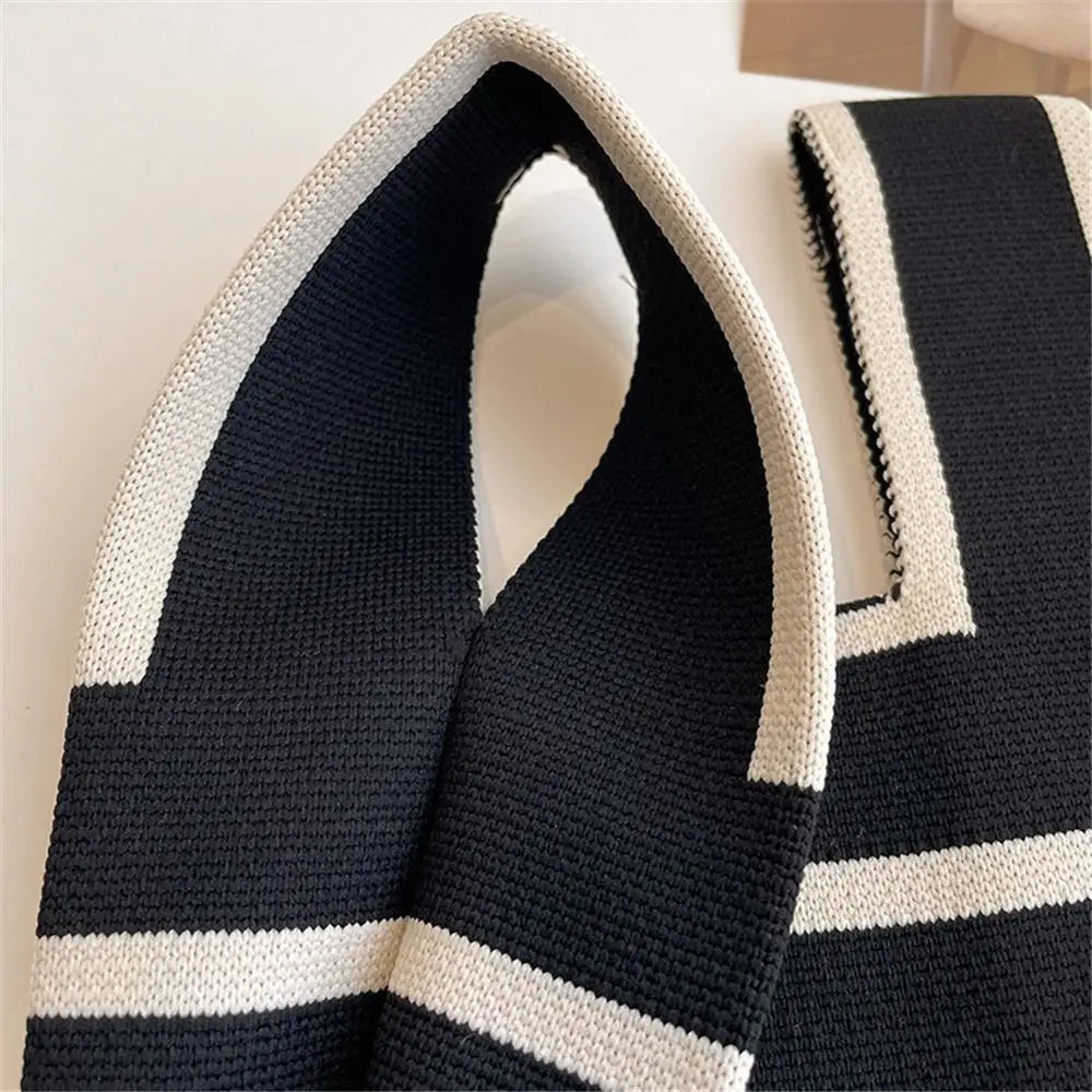 Student Wide Stripe Reusable Knot Wrist Bag Knit Handbag Plaid Tote Bag Shopping Bags