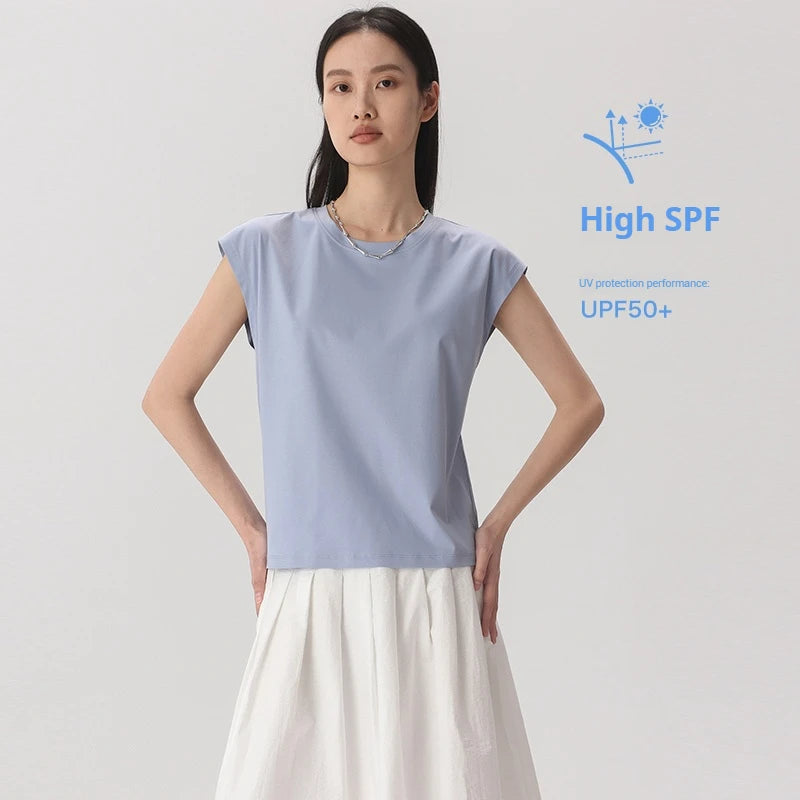 Silk Mercerized Cotton Sleeveless T-shirt Women Tank Top Silky Feeling Summer Cooling Wear O-neck Tee Vest Tops High-end