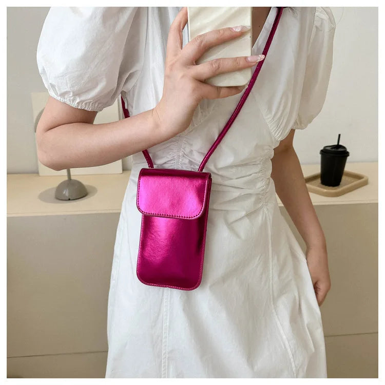 New Fashion Gold Silver Glossy Mini Bag Casual Versatile Shoulder Crossbody Bag for Women Outdoor Portable Mobile Phone Bag