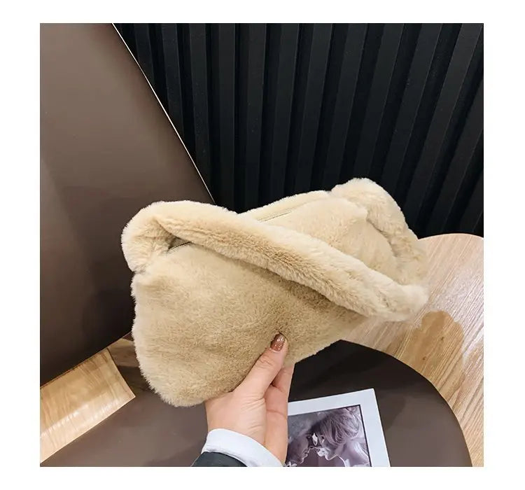 New Fluffy Totes Soft Plush Shoulder Underarm Bag Solid Color Purse Autumn Winter Handbag Women Lady Fashion Storage Pouch
