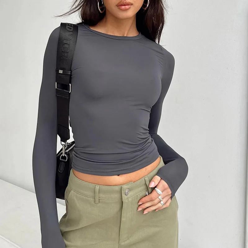Women Casual Long Sleeve Pullover Shirt |💥 Solid Slim Fit Streetwear Base Tee🙋