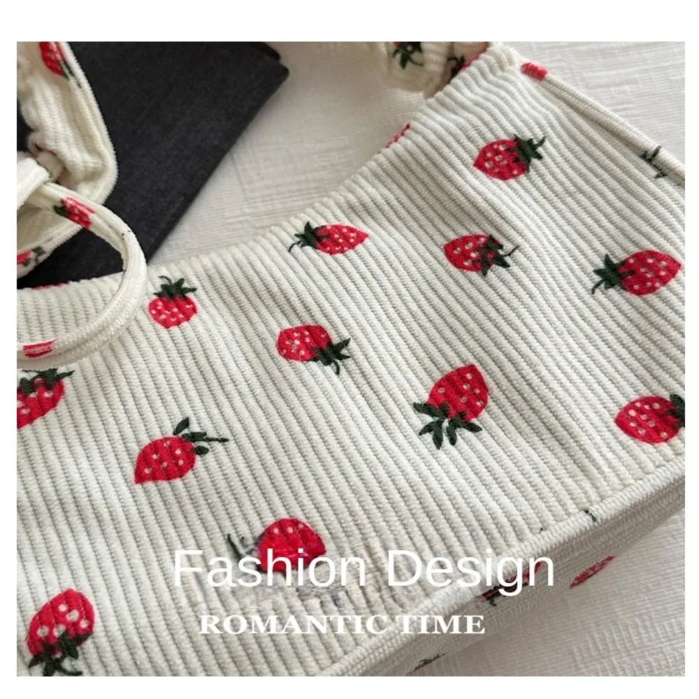 New Large Capacity Corduroy Tote Bag Women Girl Y2k Strawberry Shoulder Bag Sweet Trendy Zipper Underarm Bag Crossbody Bag