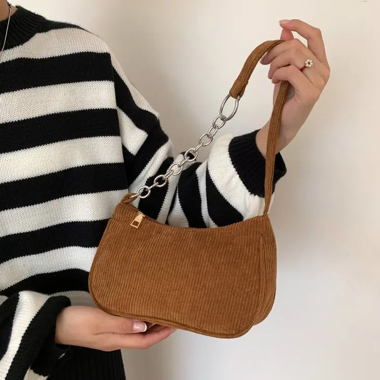 Fashion Vintage Women Handbags Corduroy Underarm Bag Casual Women Shoulder Bags Solid Color Zipper Female Handbag Clutch