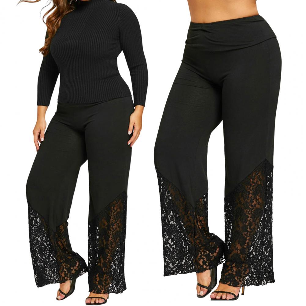 Wide Leg Flower Embroidery Women Pants High Waist Loose See-through Lace Patchwork Summer Pants Female Vintage
