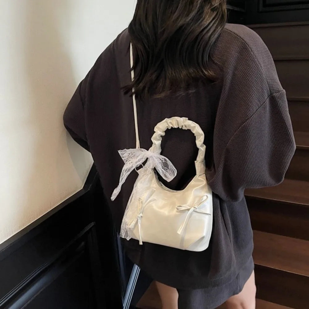 Fashion Cloud Evening Handbag Pleated Beige Bow PU Shoulder Bag Lace Ribbon Large Capacity Underarm Bag Travel