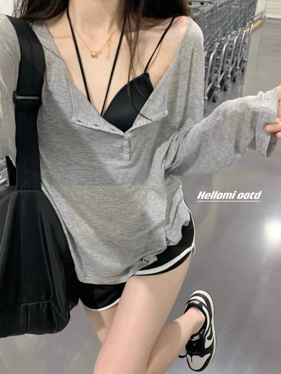 T Shirts Women Slash Neck Long Sleeve Tops Solid Stretch Women's Summer Sexy Club Tshirt Korean Loose Tees Streetwear Clothes