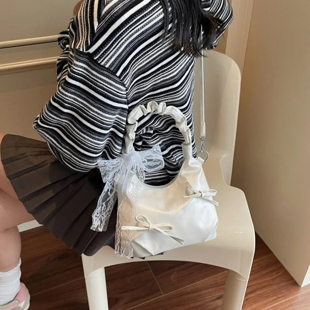 Fashion Cloud Evening Handbag Pleated Beige Bow PU Shoulder Bag Lace Ribbon Large Capacity Underarm Bag Travel