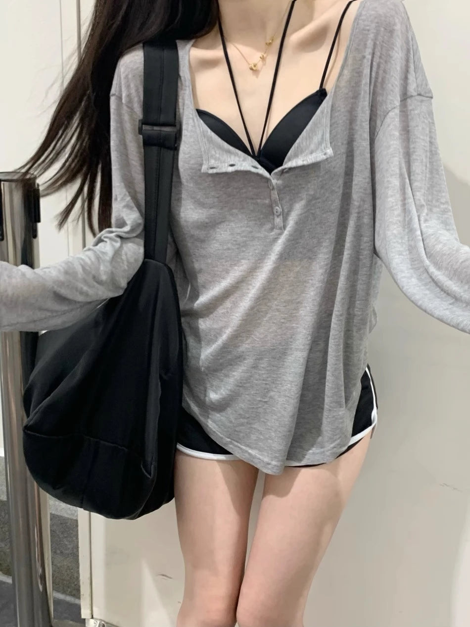 T Shirts Women Slash Neck Long Sleeve Tops Solid Stretch Women's Summer Sexy Club Tshirt Korean Loose Tees Streetwear Clothes