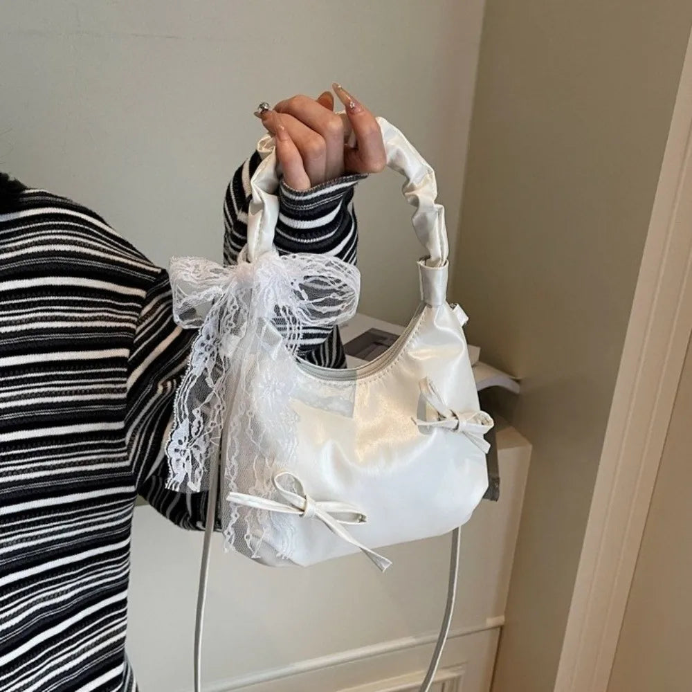 Fashion Cloud Evening Handbag Pleated Beige Bow PU Shoulder Bag Lace Ribbon Large Capacity Underarm Bag Travel