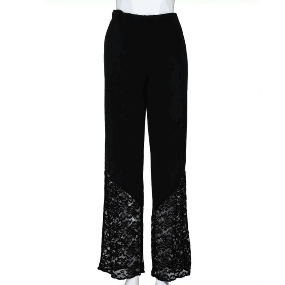Wide Leg Flower Embroidery Women Pants High Waist Loose See-through Lace Patchwork Summer Pants Female Vintage
