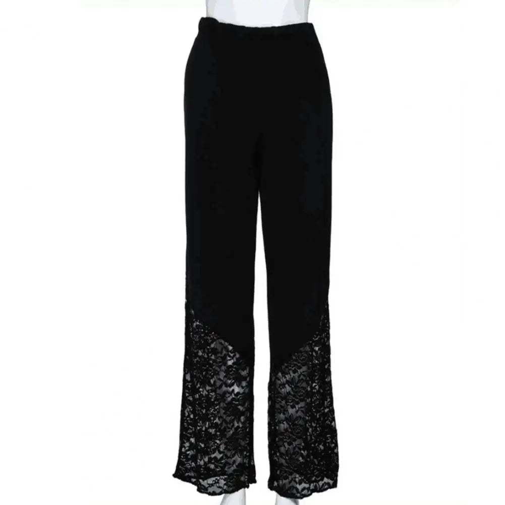Wide Leg Flower Embroidery Women Pants High Waist Loose See-through Lace Patchwork Summer Pants Female Vintage