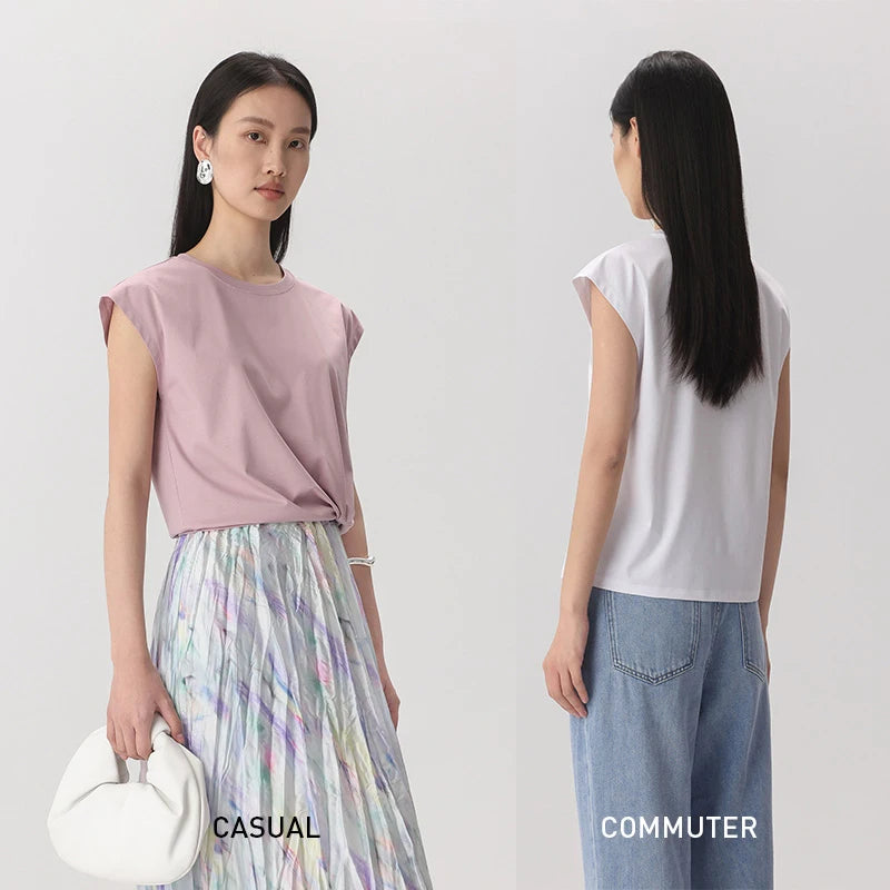 Silk Mercerized Cotton Sleeveless T-shirt Women Tank Top Silky Feeling Summer Cooling Wear O-neck Tee Vest Tops High-end