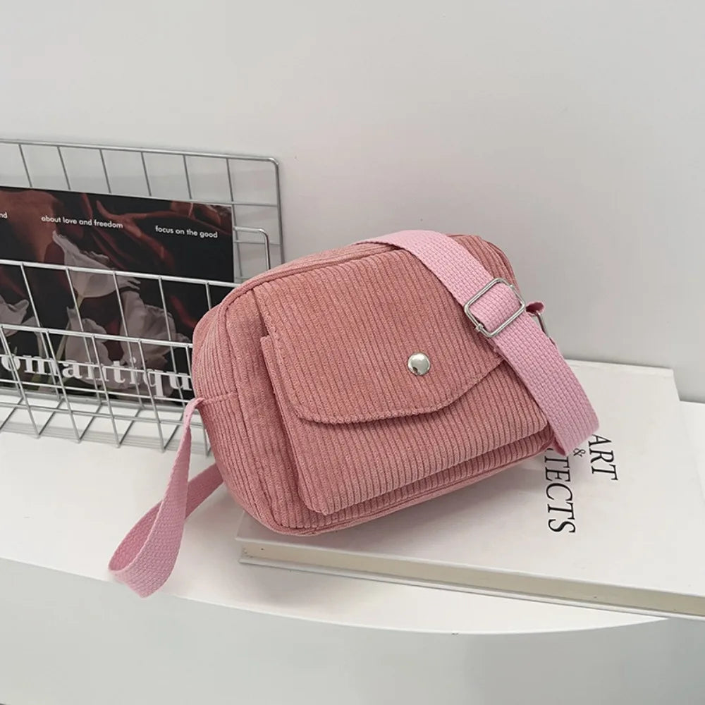New Corduroy Striped Crossbody Bag Simple Design Adjustable Strap Shoulder Bags Solid Colour Mini Coin Pouch for Casual Wear