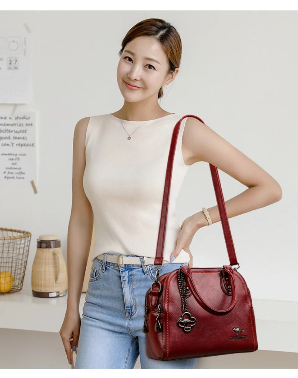 Genuine Kangaroo Brand Soft Pu Leather Hand Bag Small Handbags Women Shoulder Bags for Mother 3 Layers Tote Commuting Bag Summer