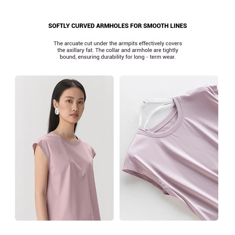 Silk Mercerized Cotton Sleeveless T-shirt Women Tank Top Silky Feeling Summer Cooling Wear O-neck Tee Vest Tops High-end