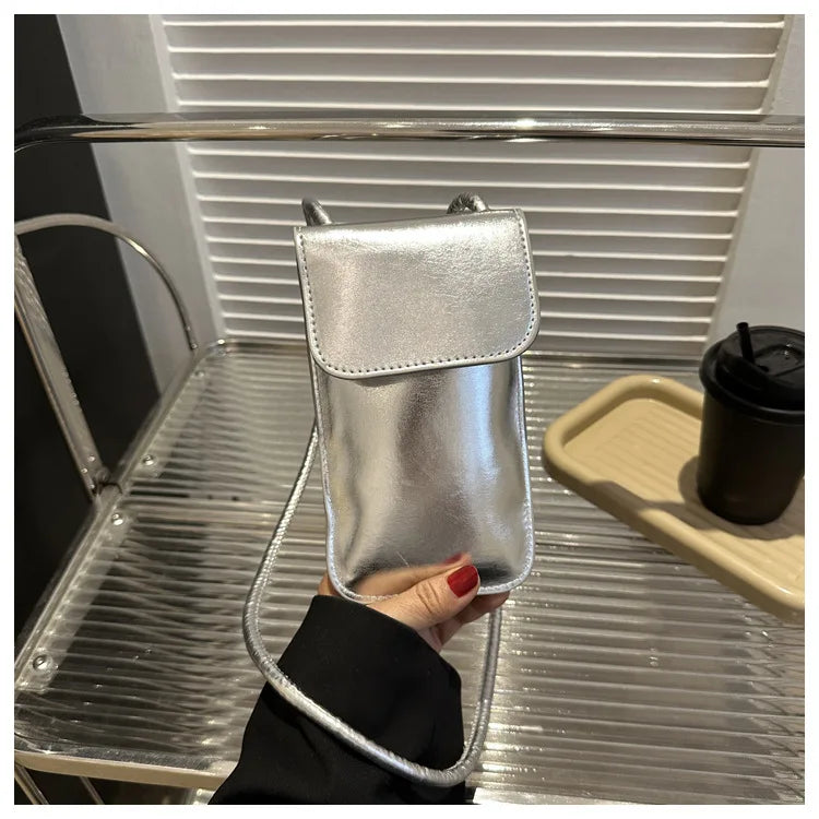 New Fashion Gold Silver Glossy Mini Bag Casual Versatile Shoulder Crossbody Bag for Women Outdoor Portable Mobile Phone Bag