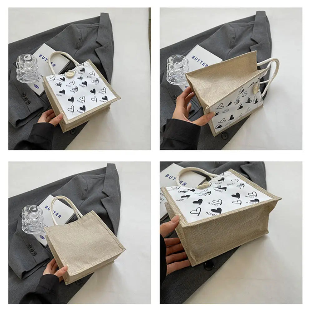 Linen Button Zipper Handbag Large Capacity Grocery Bag Women Tote Beach Organizer Portable Shopping Bag Lunch Bag