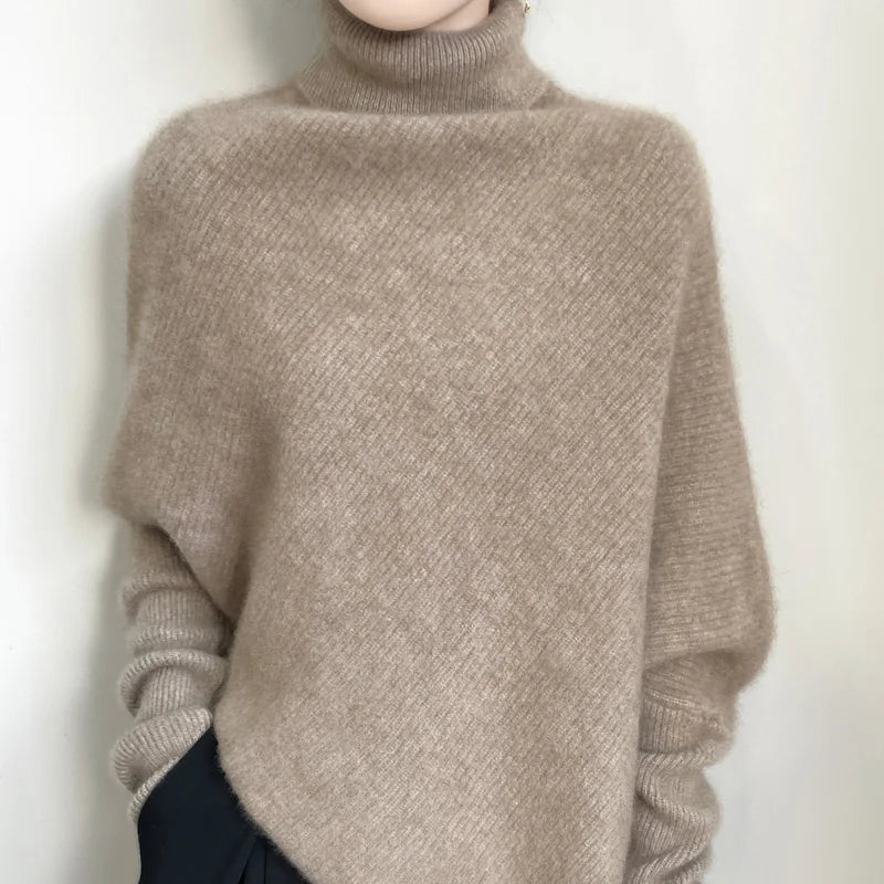 100% Merino Wool Autumn Winter Batwing Sleeves High Neck Pullover Long Sleeve Knitwear Trendy