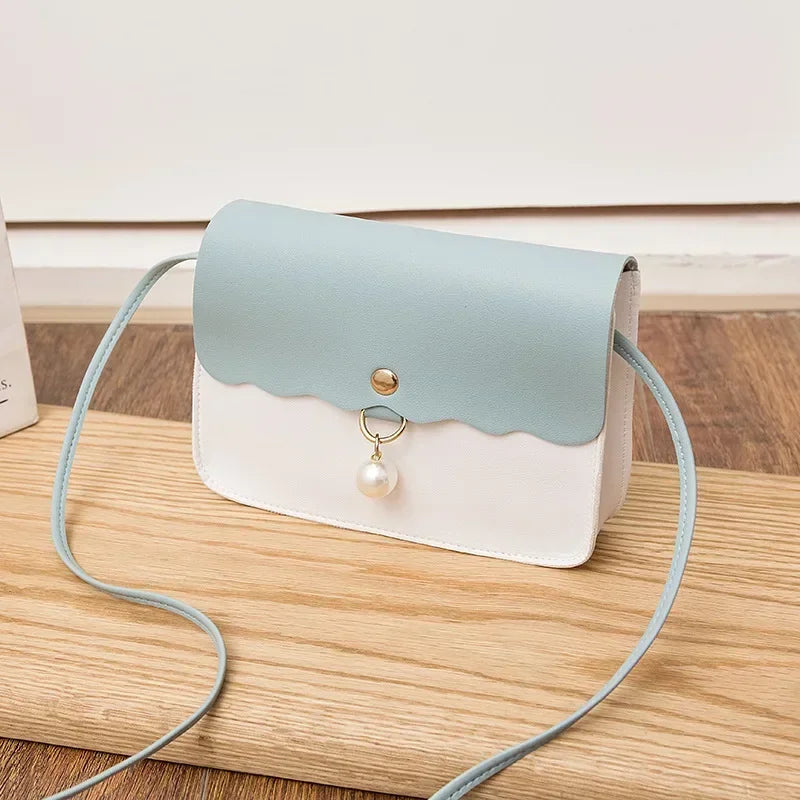Women's PU Leather Shoulder Bag, Solid Color Messenger Purse with Pearl Pendant, Small Travel Handbag