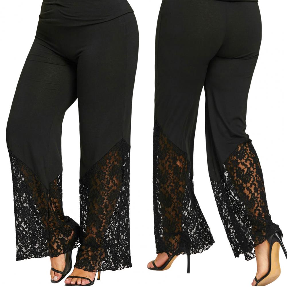 Wide Leg Flower Embroidery Women Pants High Waist Loose See-through Lace Patchwork Summer Pants Female Vintage