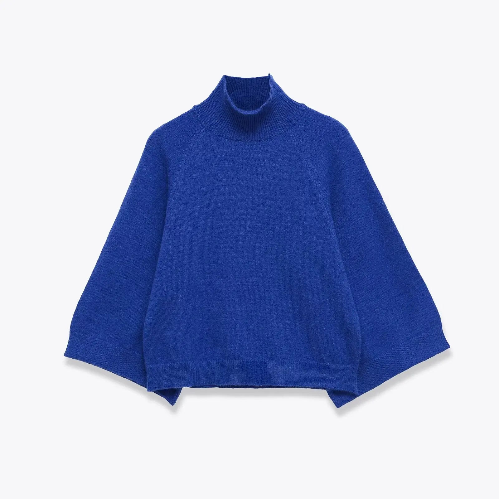Blue Wide Sleeve Knit Pullover Women Spring 2025 Short High Neck Sweater