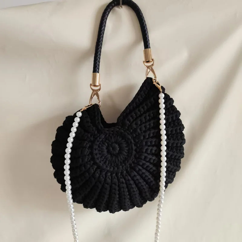 Creative Conch Shaped Crochet Women Shoulde Bags Funny Cute Pearls Chains Handmade Weave Crossbody Bag Novelty Small Handbags