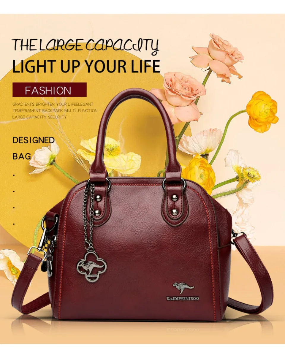 Genuine Kangaroo Brand Soft Pu Leather Hand Bag Small Handbags Women Shoulder Bags for Mother 3 Layers Tote Commuting Bag Summer