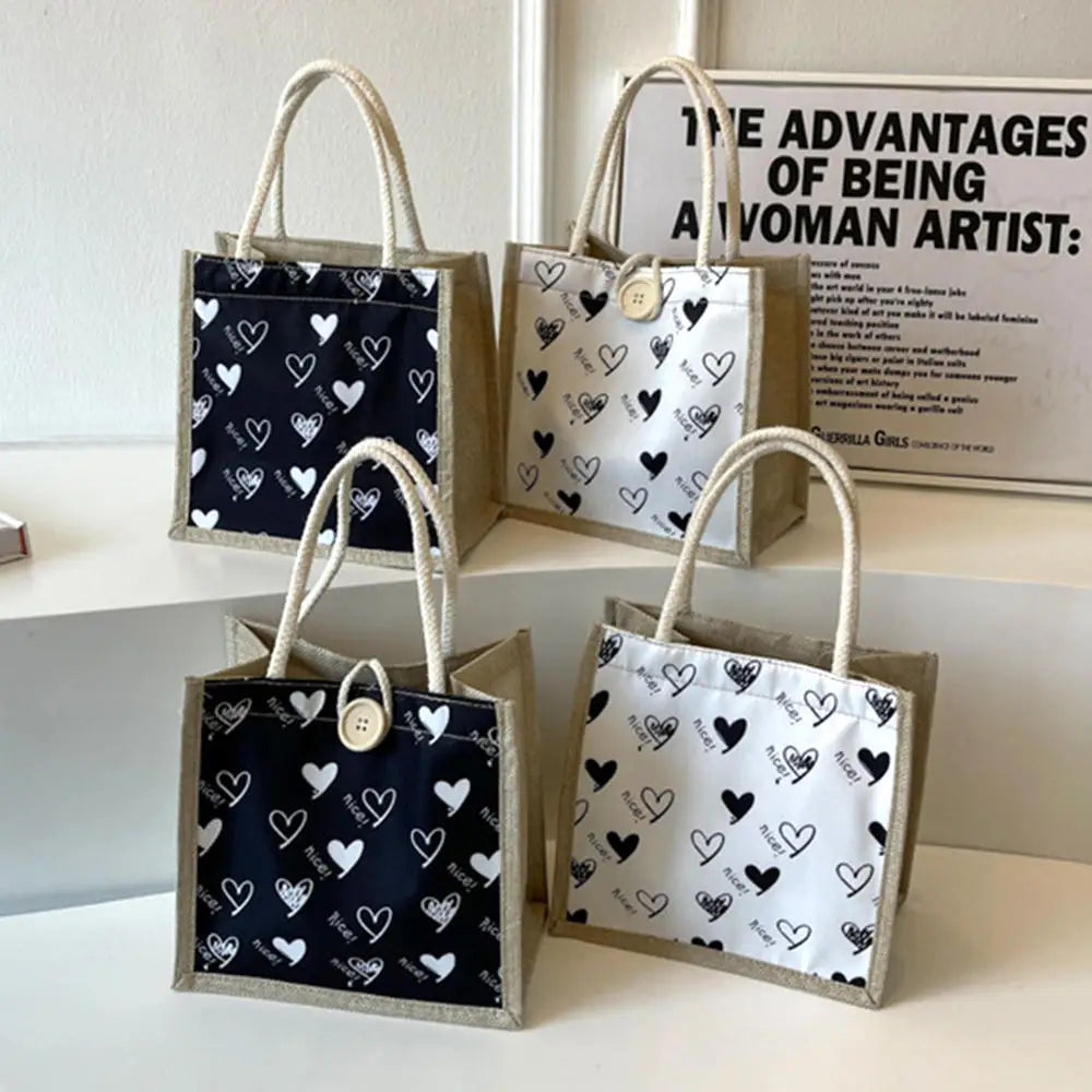 Linen Button Zipper Handbag Large Capacity Grocery Bag Women Tote Beach Organizer Portable Shopping Bag Lunch Bag