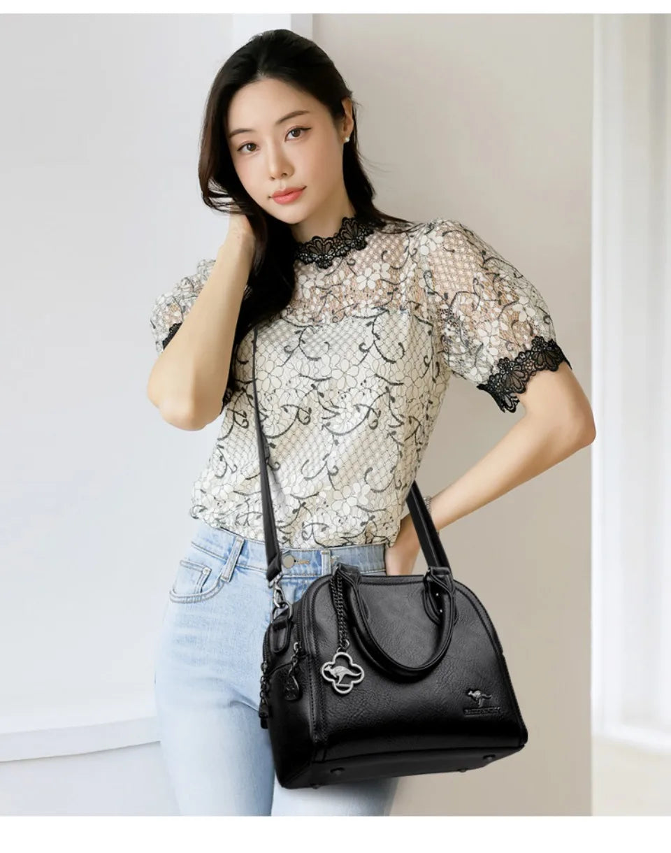 Genuine Kangaroo Brand Soft Pu Leather Hand Bag Small Handbags Women Shoulder Bags for Mother 3 Layers Tote Commuting Bag Summer