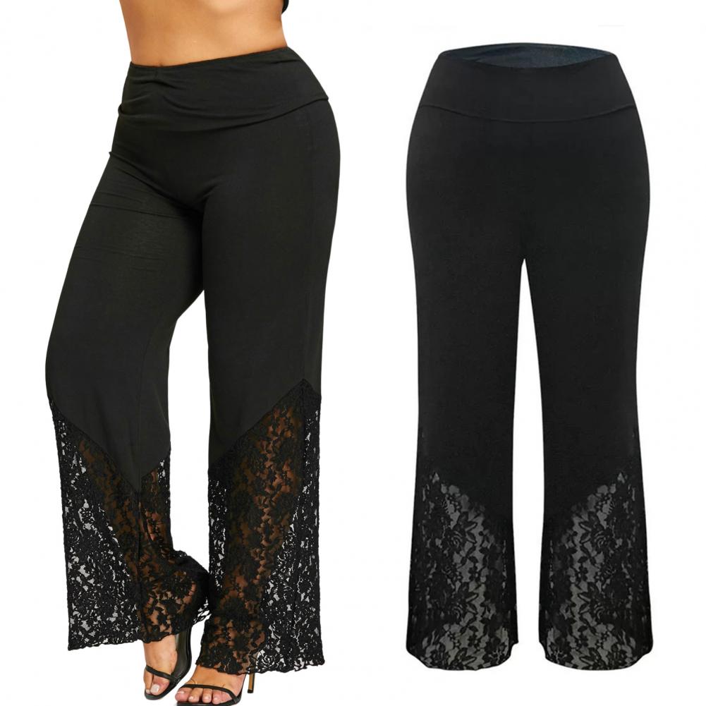 Wide Leg Flower Embroidery Women Pants High Waist Loose See-through Lace Patchwork Summer Pants Female Vintage