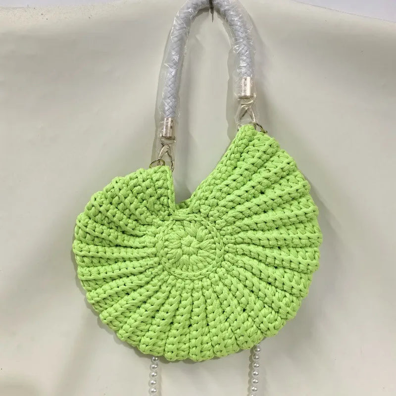 Creative Conch Shaped Crochet Women Shoulde Bags Funny Cute Pearls Chains Handmade Weave Crossbody Bag Novelty Small Handbags