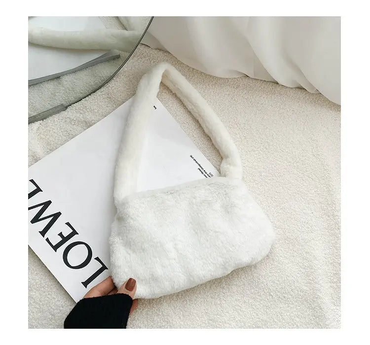 New Fluffy Totes Soft Plush Shoulder Underarm Bag Solid Color Purse Autumn Winter Handbag Women Lady Fashion Storage Pouch