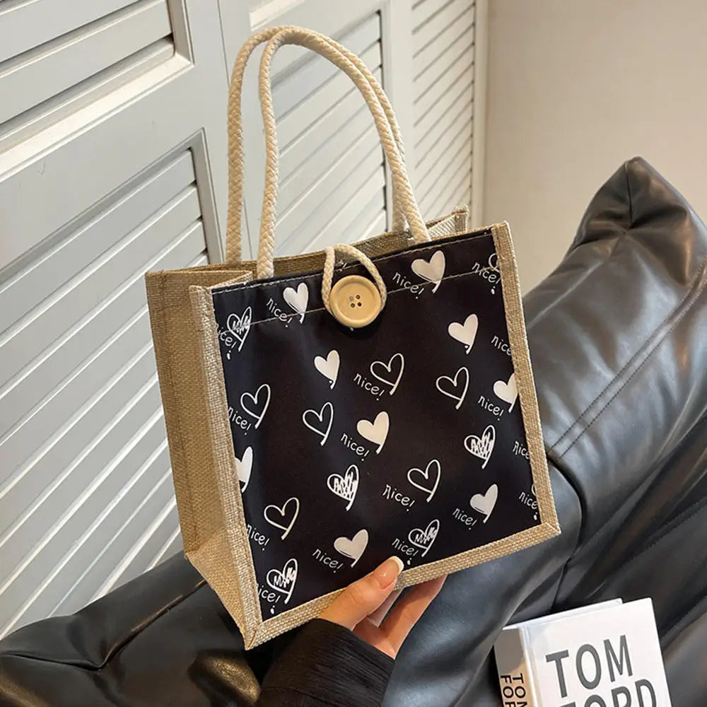 Linen Button Zipper Handbag Large Capacity Grocery Bag Women Tote Beach Organizer Portable Shopping Bag Lunch Bag