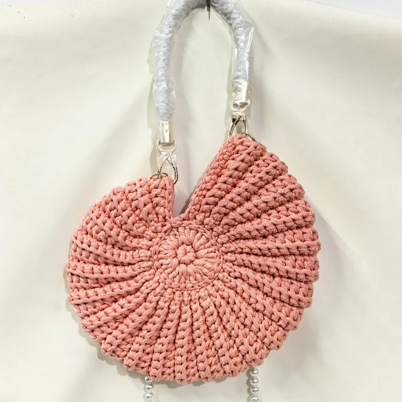 Creative Conch Shaped Crochet Women Shoulde Bags Funny Cute Pearls Chains Handmade Weave Crossbody Bag Novelty Small Handbags
