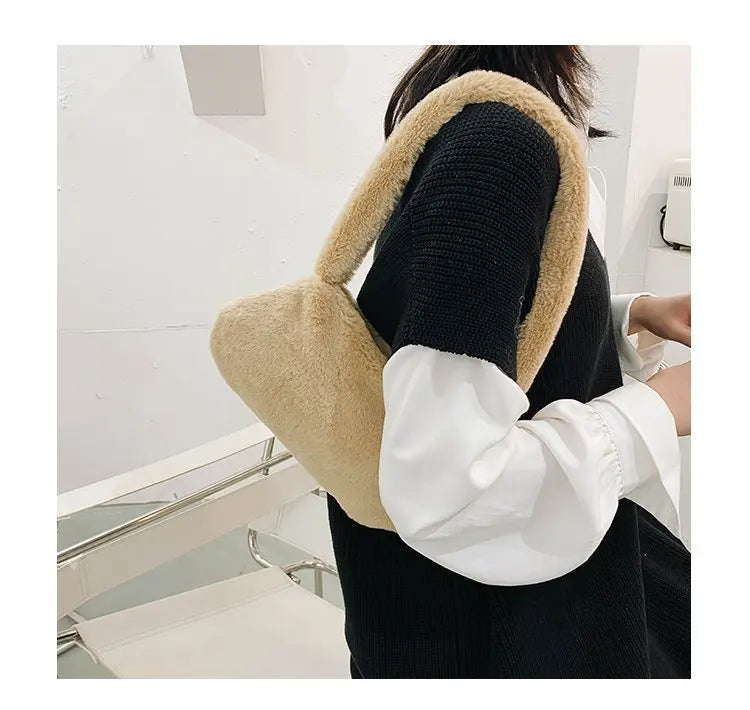 New Fluffy Totes Soft Plush Shoulder Underarm Bag Solid Color Purse Autumn Winter Handbag Women Lady Fashion Storage Pouch