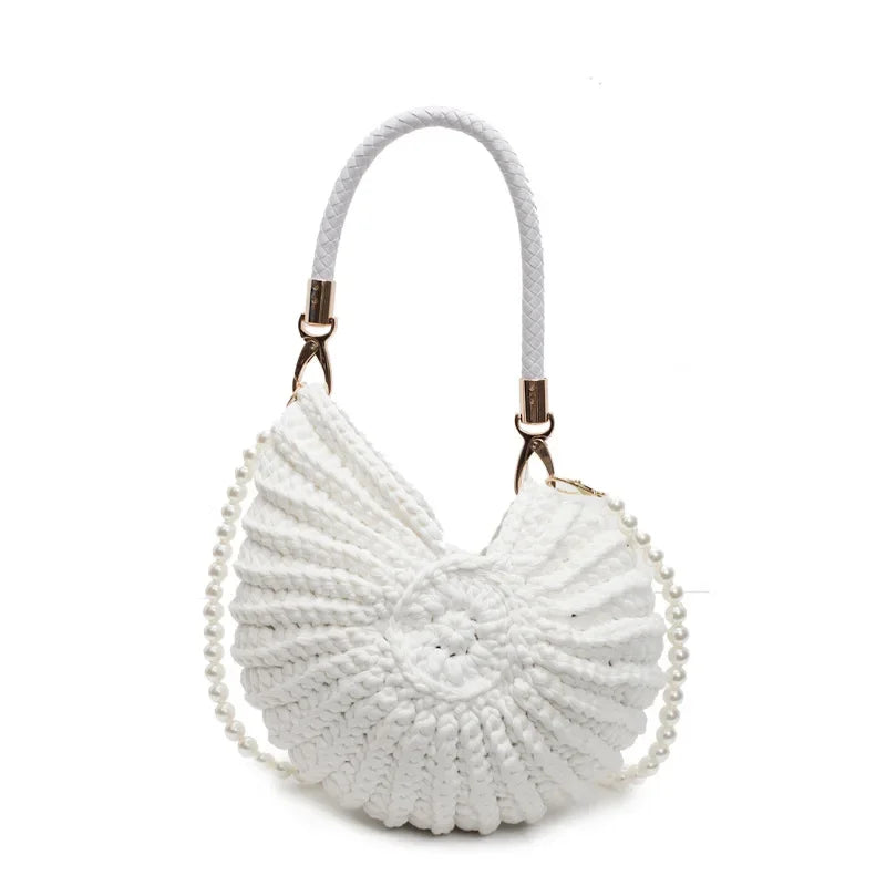 Creative Conch Shaped Crochet Women Shoulde Bags Funny Cute Pearls Chains Handmade Weave Crossbody Bag Novelty Small Handbags