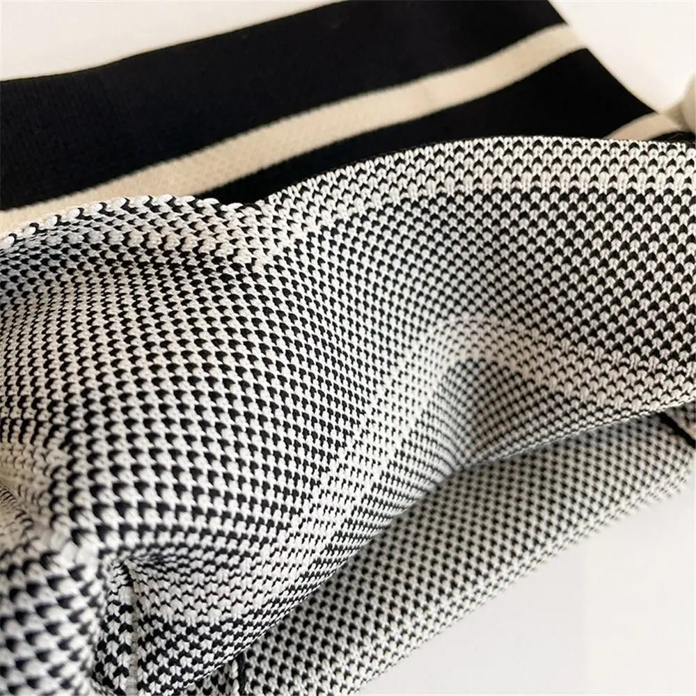 Student Wide Stripe Reusable Knot Wrist Bag Knit Handbag Plaid Tote Bag Shopping Bags